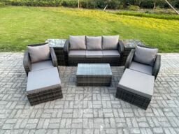 Fimous Rattan Garden Furniture Set Patio Outdoor Lounge Sofa Set with Rectangular Coffee Table 2 Big Footstool 3 Seater Sofa in Dark Grey - thumbnail 1