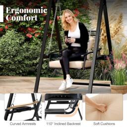 Gymax Outdoor Porch Swing with Stand Swing Chair With Cushions Side Tables in Black - thumbnail 4