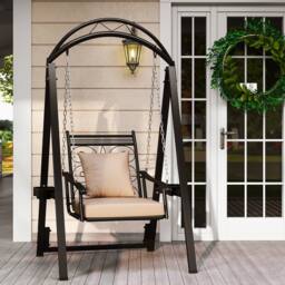 Gymax Outdoor Porch Swing with Stand Swing Chair With Cushions Side Tables in Black - thumbnail 2