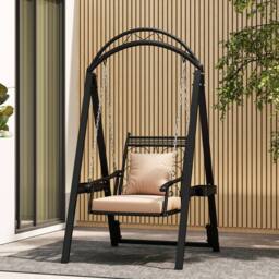 Gymax Outdoor Porch Swing with Stand Swing Chair With Cushions Side Tables in Black - thumbnail 9