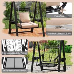 Gymax Outdoor Porch Swing with Stand Swing Chair With Cushions Side Tables in Black - thumbnail 8