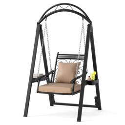 Gymax Outdoor Porch Swing with Stand Swing Chair With Cushions Side Tables in Black - thumbnail 1