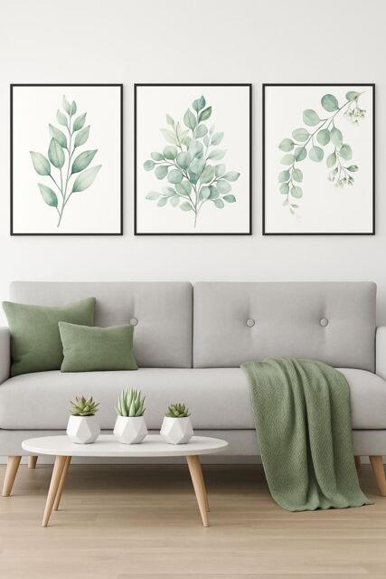Mafett Set of 3 Eucalyptus Watercolour Canvas Wall Art in White - Size: A3