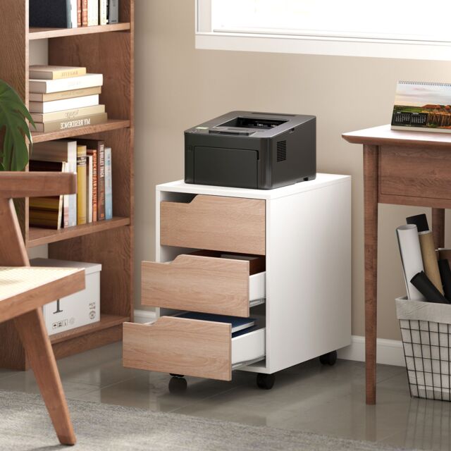 HOMCOM Mobile File Cabinet w/ 3 Drawers Locking Wheels Metal Rails in Light Brown - image 1