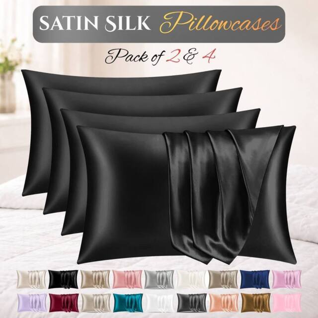 Grace Satin Silk Pillow Cases Pack of 4 Super Soft Smooth Pillow Covers in Midnight - Size: Standard Pillow Case - image 1