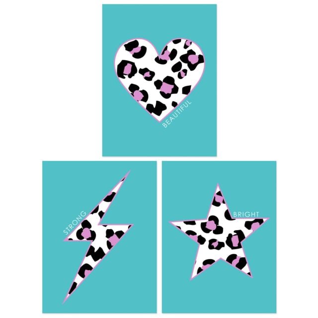 Artery8 Wall Art Print Pack of 3 A4 Purple Leopard Pattern Heart Lightning Star Shape On Block Turquoise Living Room s Set - image 1