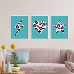 Artery8 Wall Art Print Pack of 3 A4 Purple Leopard Pattern Heart Lightning Star Shape On Block Turquoise Living Room s Set - thumbnail 2