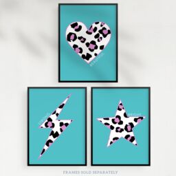 Artery8 Wall Art Print Pack of 3 A4 Purple Leopard Pattern Heart Lightning Star Shape On Block Turquoise Living Room s Set - thumbnail 5