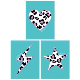 Artery8 Wall Art Print Pack of 3 A4 Purple Leopard Pattern Heart Lightning Star Shape On Block Turquoise Living Room s Set - thumbnail 1