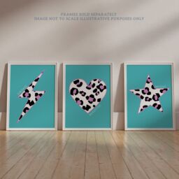 Artery8 Wall Art Print Pack of 3 A4 Purple Leopard Pattern Heart Lightning Star Shape On Block Turquoise Living Room s Set - thumbnail 6