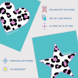 Artery8 Wall Art Print Pack of 3 A4 Purple Leopard Pattern Heart Lightning Star Shape On Block Turquoise Living Room s Set - thumbnail 4