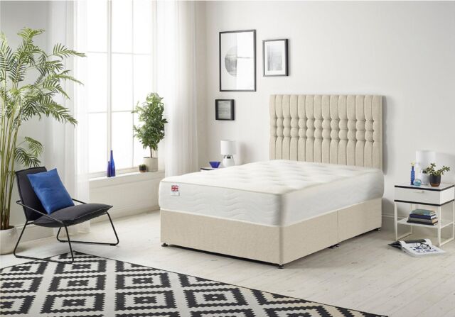 Somnior Galaxy Sprung Memory Foam Divan Bed with Headboard In Tweed Fabric in Natural - Size: Double - image 1