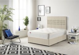 Somnior Galaxy Sprung Memory Foam Divan Bed with Headboard In Tweed Fabric in Natural - Size: Double
