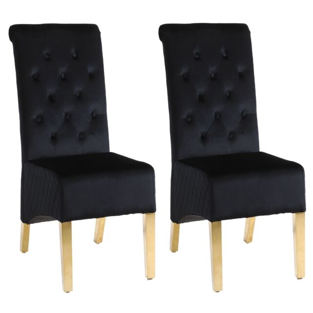 Modernique A Pair (x2) Velvet High Back Dining Chairs with Golden Chrome Knocker & Legs in Black - image 1