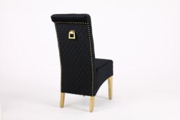 Modernique A Pair (x2) Velvet High Back Dining Chairs with Golden Chrome Knocker & Legs in Black - thumbnail 2