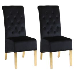 Modernique A Pair (x2) Velvet High Back Dining Chairs with Golden Chrome Knocker & Legs in Black