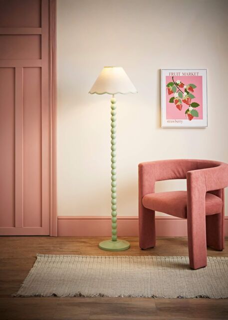 ValueLights Bobbins Sage Green Floor Lamp with Tapered Natural Linen Scallop Shade in Pale Green - image 1