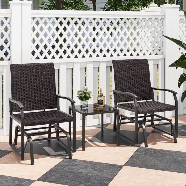 Costway 3 Piece Patio Gliding Set Backyard Wicker Swing Glider Furniture Set in Brown - image 1