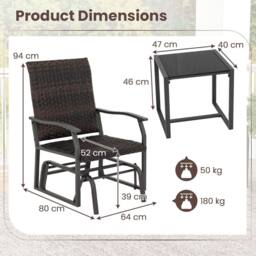 Costway 3 Piece Patio Gliding Set Backyard Wicker Swing Glider Furniture Set in Brown - thumbnail 2