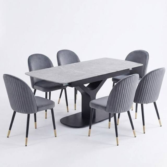 HOME LUXE INTERIOR Sapphire 140-180cm Extending Grey Sintered Stone Table & 6 Liza Chairs - image 1