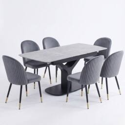 HOME LUXE INTERIOR Sapphire 140-180cm Extending Grey Sintered Stone Table & 6 Liza Chairs - thumbnail 1