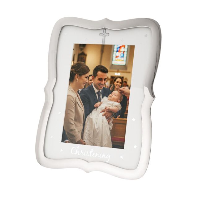 Happy Homewares Christening Picture Frame Nickel Plated with Diamante Cross & Stars in Silver - image 1