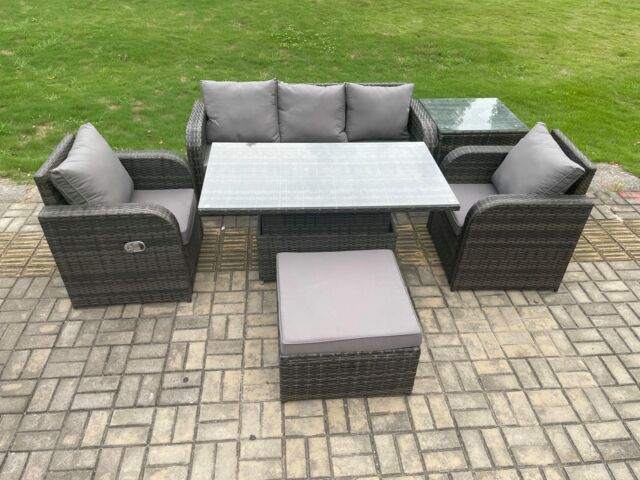 Fimous Wicker PE Rattan Outdoor Garden Furniture Set Adjustable Rising lifting Dining Table With Armchair Footstool in Dark Grey - image 1