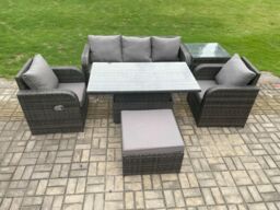 Fimous Wicker PE Rattan Outdoor Garden Furniture Set Adjustable Rising lifting Dining Table With Armchair Footstool in Dark Grey - thumbnail 1
