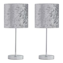 First Choice Lighting Set of 2 Chrome Touch Table Lamp with Grey Crushed Velvet Shades in Silver - thumbnail 1