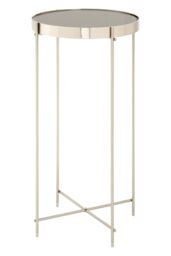 Orsina Silver Mirror Tall Side Table, Contemporary Mirrored Glass Table, Slim Tubular Chrome Legs, Luxe Side Table in Rose Gold