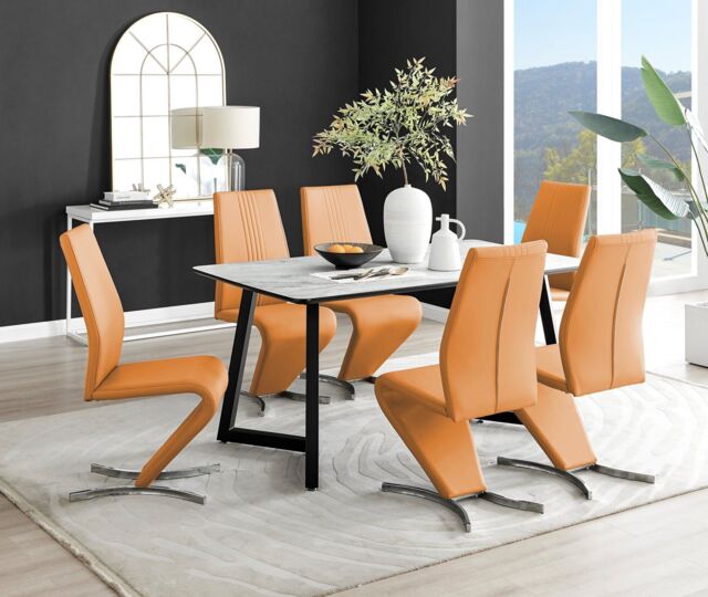 FurnitureboxUK Carson White Marble Effect Dining Table & 6 Willow Chairs in Mustard - image 1
