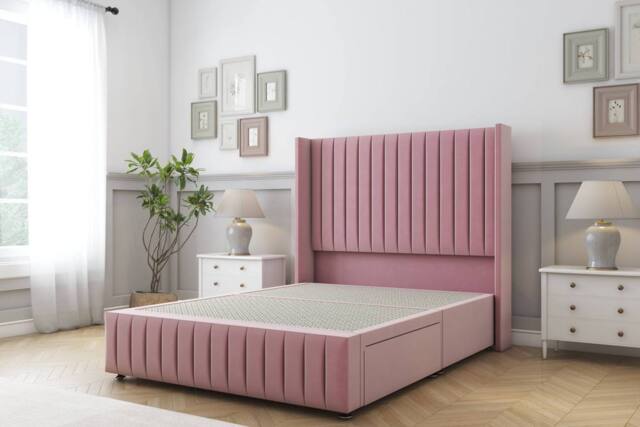 "Sloomy Marlborough Plush Divan Base No Drawers 54"" Headboard 12""Footboard in Pink - Size: Super King" - image 1