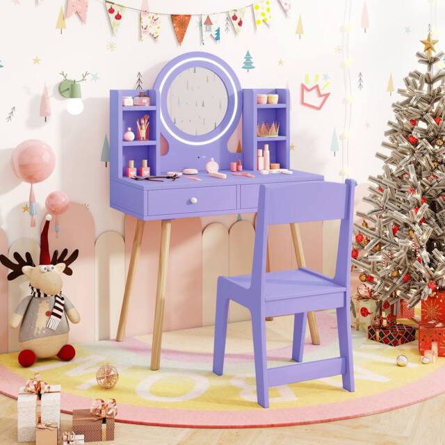 Costway Kids Dressing Table Chair Set Princess Vanity Set w/LED Lighted Mirror in Purple - image 1