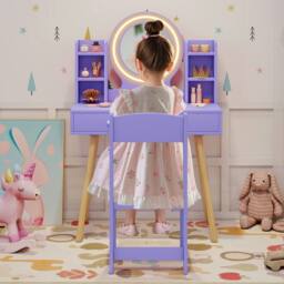 Costway Kids Dressing Table Chair Set Princess Vanity Set w/LED Lighted Mirror in Purple - thumbnail 6