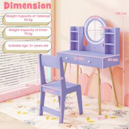 Costway Kids Dressing Table Chair Set Princess Vanity Set w/LED Lighted Mirror in Purple - thumbnail 3