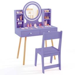 Costway Kids Dressing Table Chair Set Princess Vanity Set w/LED Lighted Mirror in Purple - thumbnail 2
