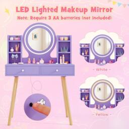 Costway Kids Dressing Table Chair Set Princess Vanity Set w/LED Lighted Mirror in Purple - thumbnail 8