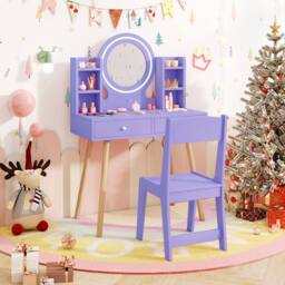 Costway Kids Dressing Table Chair Set Princess Vanity Set w/LED Lighted Mirror in Purple