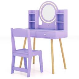 Costway Kids Dressing Table Chair Set Princess Vanity Set w/LED Lighted Mirror in Purple - thumbnail 4