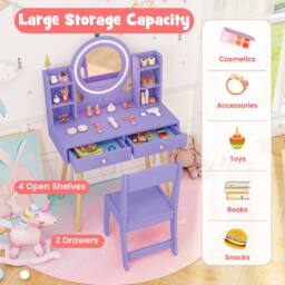 Costway Kids Dressing Table Chair Set Princess Vanity Set w/LED Lighted Mirror in Purple - thumbnail 9