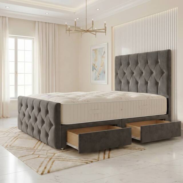 "Somnior Ziggy Velvet Divan Bed Mattress 2 Draw 54"" Headboard 22"" Footboard in Charcoal - Size: Double" - image 1