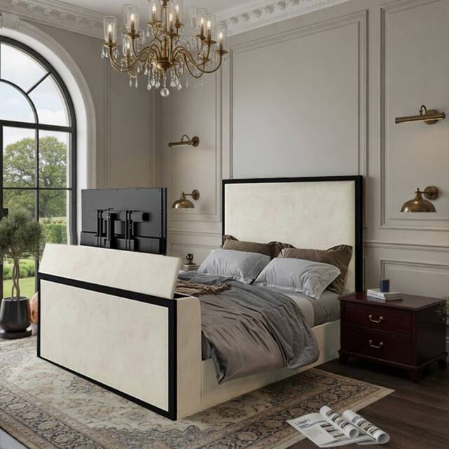 KDMD Adisham Upholstered Electric Media Black & Cream White TV Bed Frame - Size: Single - image 1