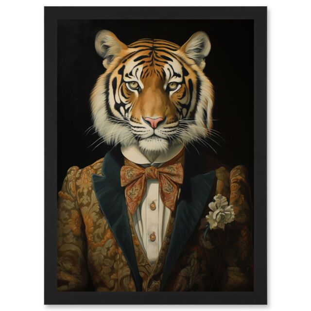 Artery8 Wall Art Print Victorian Tiger in William Morris Style Pattern Dinner Jacket Conceptual Portrait Artwork Elegant Floral Pattern Bow Tie & - image 1
