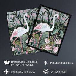 "Artery8 Pink Flamingo Lilies Leaves Artwork Tropical Wall Art Print in Green - Size: W12"" x H16""" - thumbnail 2