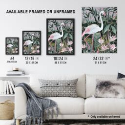 "Artery8 Pink Flamingo Lilies Leaves Artwork Tropical Wall Art Print in Green - Size: W12"" x H16""" - thumbnail 3