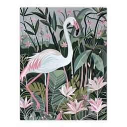 "Artery8 Pink Flamingo Lilies Leaves Artwork Tropical Wall Art Print in Green - Size: W12"" x H16""" - thumbnail 1