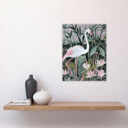 "Artery8 Pink Flamingo Lilies Leaves Artwork Tropical Wall Art Print in Green - Size: W12"" x H16""" - thumbnail 4