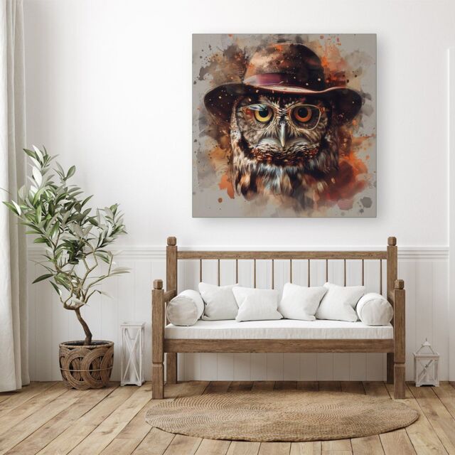 "Warren Reed - Designer Owl With Hat & Glasses Canvas in Brown - Size: W30"" x H30""" - image 1