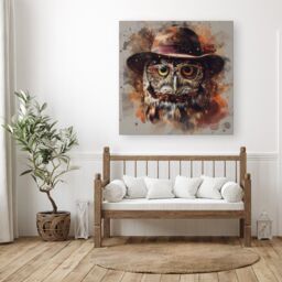 "Warren Reed - Designer Owl With Hat & Glasses Canvas in Brown - Size: W30"" x H30""" - thumbnail 1