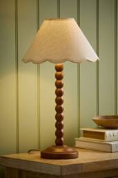 ValueLights Bobbin Colour Trim Linen Shade Walnut Bobble Table Lamp in Cream